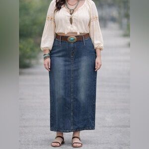 Y2K Vintage Denim Stretch Maxi Skirt Classic Western Festival Size 1X Women's